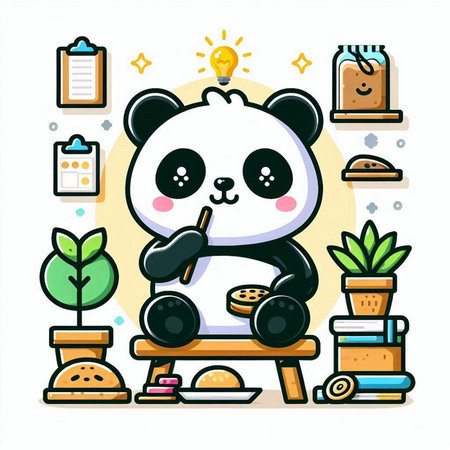 Cute panda bear sitting and eating sandwich. Vector illustration.のイラスト素材