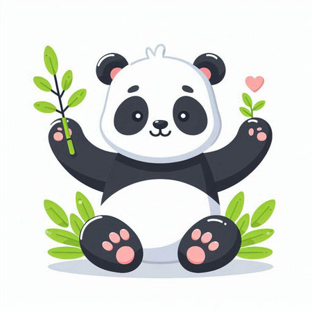 Cute panda sitting on the grass with leaves. Vector illustration.のイラスト素材
