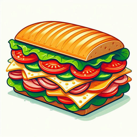 Vector illustration of a sandwich with ham, cheese, tomatoes and lettuceのイラスト素材