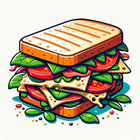 Vector illustration of a sandwich with cheese, tomato, cucumber and lettuceのイラスト素材