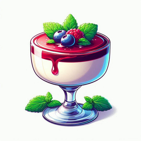 Panna cotta with fresh berries and mint. Vector illustration.のイラスト素材