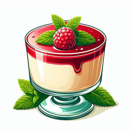 Panna cotta with raspberries and mint. Vector illustration.のイラスト素材