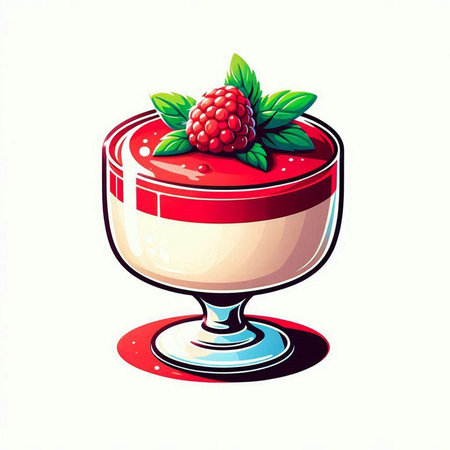 Panna cotta with fresh raspberry and mint, vector illustration.のイラスト素材