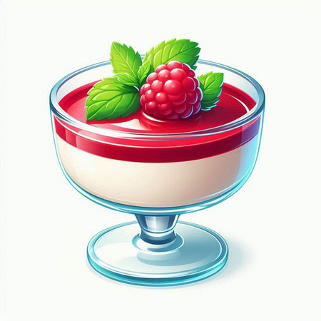 Illustration of a cup of yogurt with raspberries and mintのイラスト素材