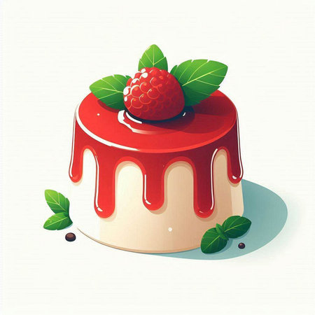 Illustration of a strawberry cake with mint leaves on a white backgroundのイラスト素材