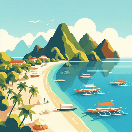 Seascape of tropical island. Vector illustration in retro style.のイラスト素材
