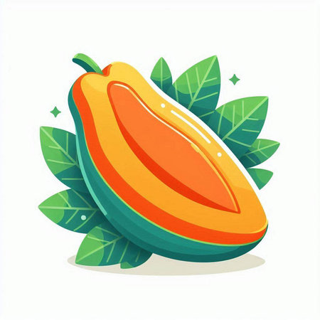 Ripe papaya fruit with leaves isolated on white background. Vector illustration.のイラスト素材