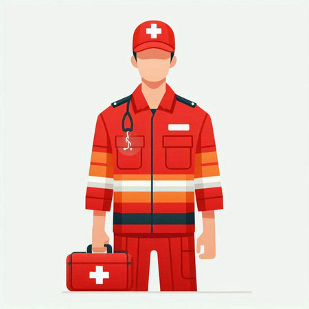 Vector illustration of a male paramedic in uniform with first aid kit.のイラスト素材