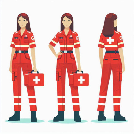 Firefighter woman with first aid kit. Vector illustration in flat styleのイラスト素材