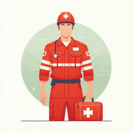 Fireman with first aid kit. Vector illustration in flat style.のイラスト素材