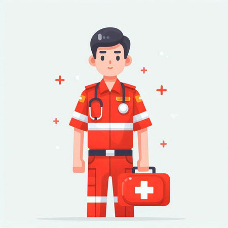 Fireman in uniform with first aid kit. Flat style vector illustration.のイラスト素材