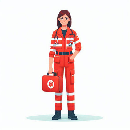 Female paramedic in red uniform with first aid kit. Vector illustration.のイラスト素材