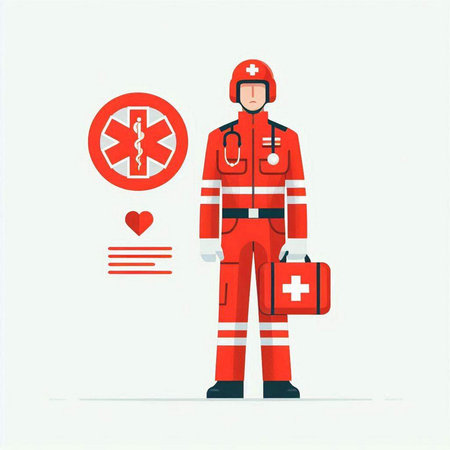 Fireman with first aid kit. Vector illustration in flat style.のイラスト素材