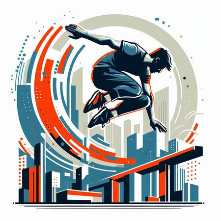 Hip hop dancer jumping in the city. Vector illustration in retro style.のイラスト素材