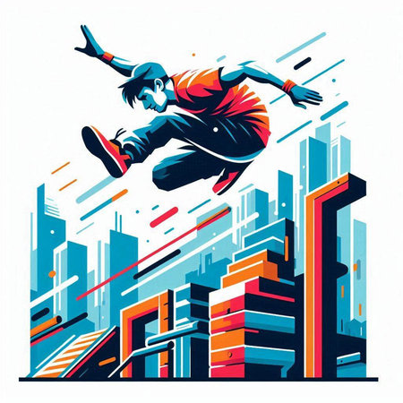 Vector illustration of a young man jumping in the city with skyscrapers.のイラスト素材