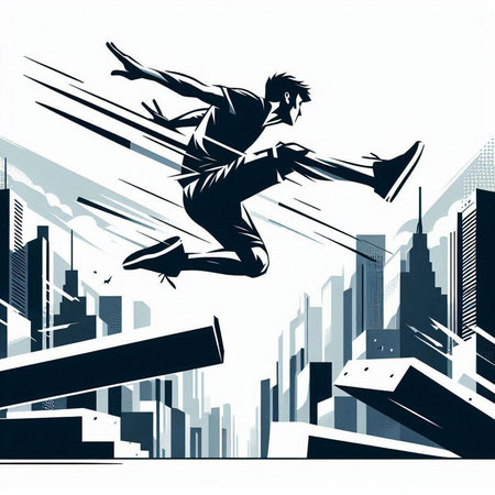 Vector illustration of a jumping man on the background of the city.のイラスト素材