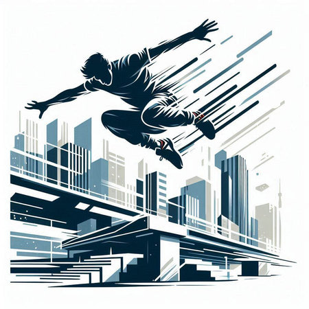 illustration of a breakdancer jumping over a bridge in a cityのイラスト素材