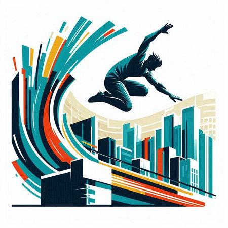 Illustration of an athlete jumping over a city background, vector illustrationのイラスト素材