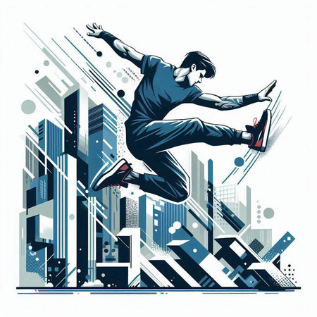 Vector illustration of a breakdancer jumping in the city with urban backgroundのイラスト素材
