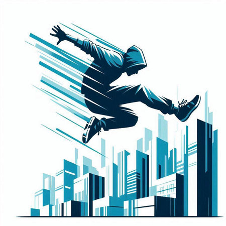 Vector illustration of a breakdancer jumping over the city background.のイラスト素材