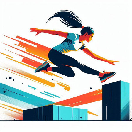 Athletic young woman jumping in the city. Vector illustration.のイラスト素材