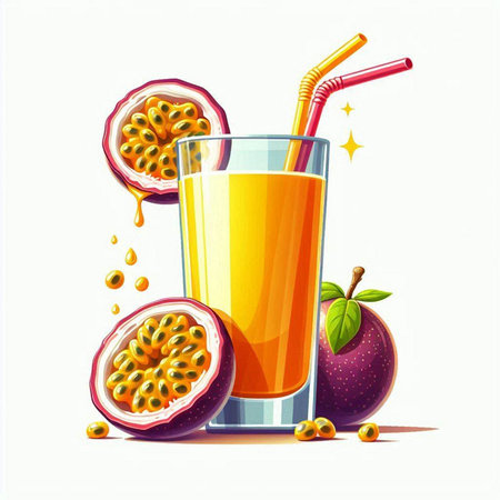 Passion fruit juice and fresh fruits on a white background. Vector illustration.のイラスト素材