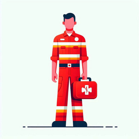 Fireman in uniform with first aid kit. Flat vector illustration.のイラスト素材