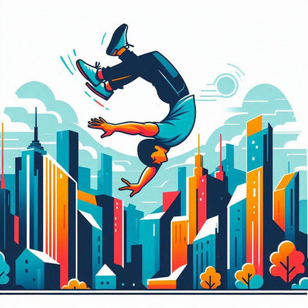 Vector illustration of breakdancer jumping on city background. Breakdance conceptのイラスト素材