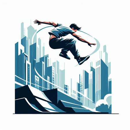 Skateboarder jumping over city. Skateboarding vector illustrationのイラスト素材