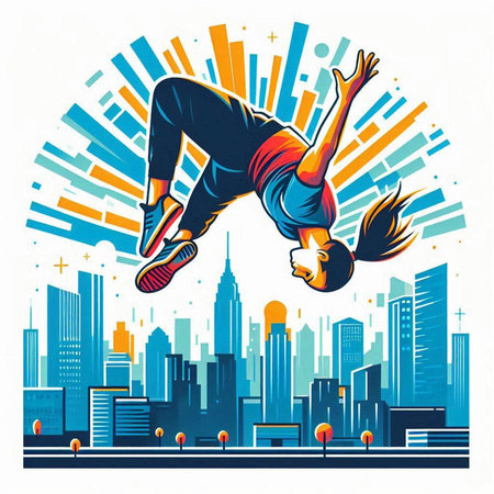 Vector illustration of a break dancer jumping in the city with urban backgroundのイラスト素材