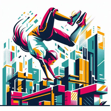 Sport illustration. Athlete jumping over city background. Vector illustration.のイラスト素材