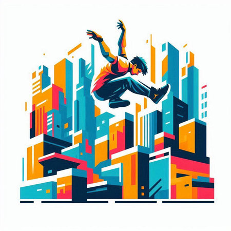 Vector illustration of young man jumping in the city. Urban style.のイラスト素材