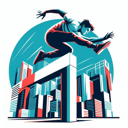Athletic man jumping in the city. Vector illustration.のイラスト素材