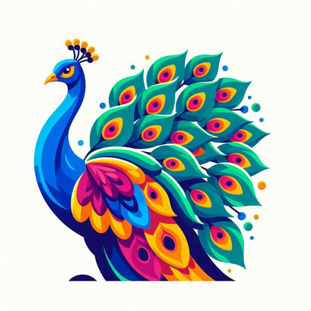 Colorful peacock isolated on white background. Vector cartoon illustration.のイラスト素材