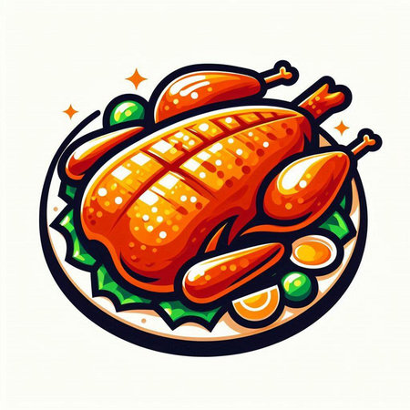 Illustration of roasted turkey on plate isolated on white background. Vector illustration.のイラスト素材