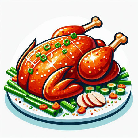 Roast chicken on a plate with vegetables. Vector illustration in cartoon style.のイラスト素材