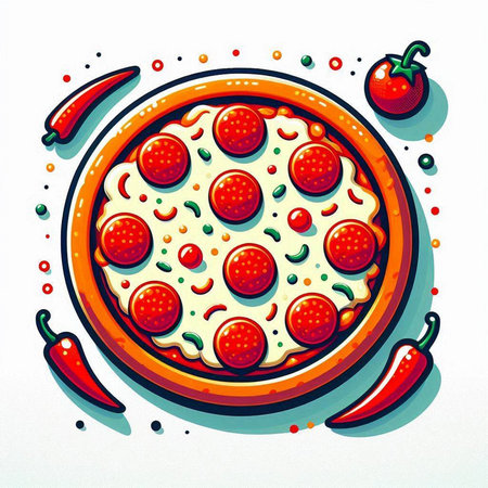 Pizza with pepperoni, tomato and mozzarella. Vector illustration.のイラスト素材