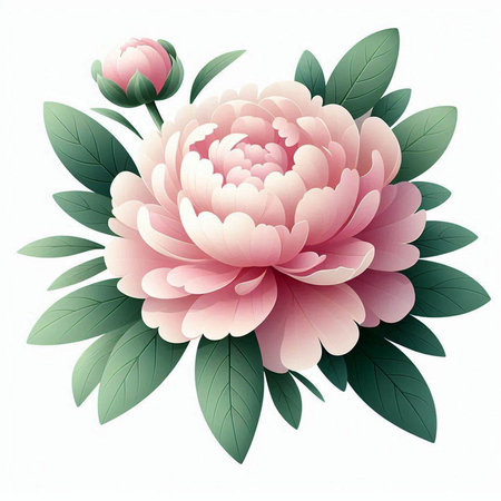 Peony flower with leaves isolated on white background. Vector illustration.のイラスト素材