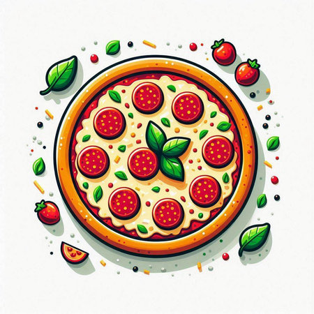 Pizza with pepperoni, tomato and basil. Vector illustration.のイラスト素材