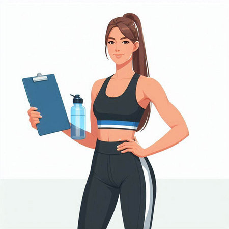 Fitness woman with clipboard and bottle of water. Vector illustration.のイラスト素材
