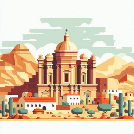 Desert landscape with church and cactuses. Vector illustration.のイラスト素材