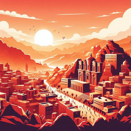Fantasy landscape with ancient city in red color. Vector illustration.のイラスト素材