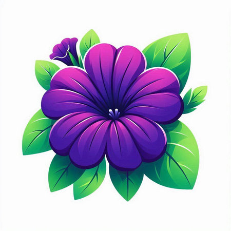 Purple flower with green leaves isolated on white background. Vector illustration.のイラスト素材