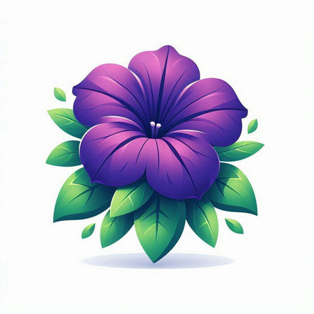 Illustration of a purple flower with green leaves on a white backgroundのイラスト素材