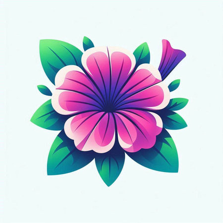 Illustration of a pink flower with green leaves on a blue backgroundのイラスト素材