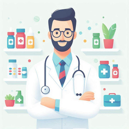 Male doctor standing in front of shelves with medicines. Vector illustration.のイラスト素材