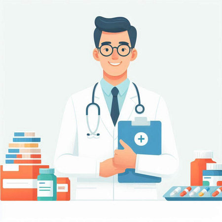 Male doctor with stethoscope and pills. Vector illustration in cartoon styleのイラスト素材