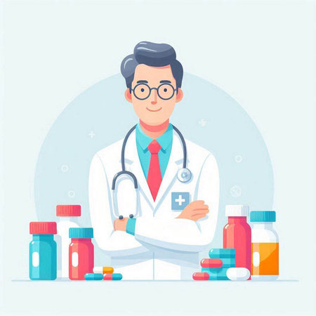 Doctor with stethoscope and pills. Vector illustration in flat styleのイラスト素材