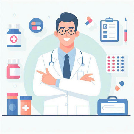 Doctor with stethoscope standing in front of medical icons. Vector illustration in flat styleのイラスト素材