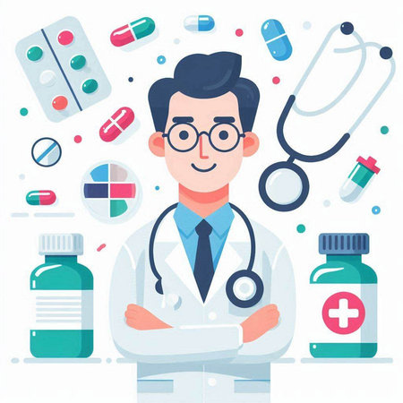 Doctor with stethoscope and pills. Vector illustration in flat styleのイラスト素材